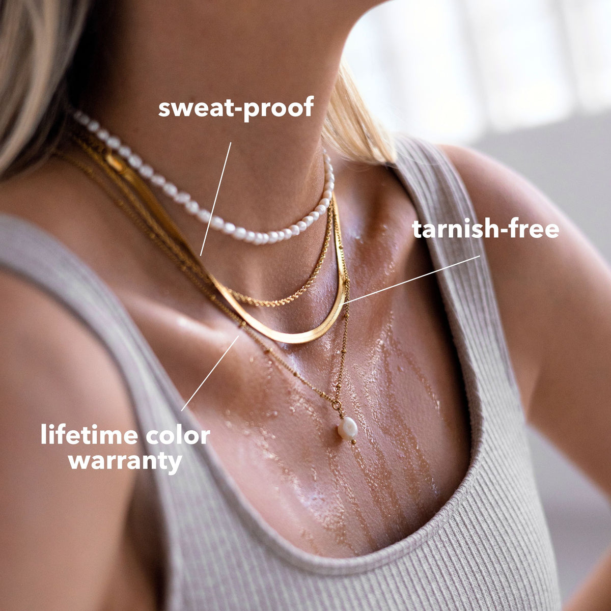 Pearl choker and layered gold necklaces, sweat-proof and tarnish-free with lifetime color warranty